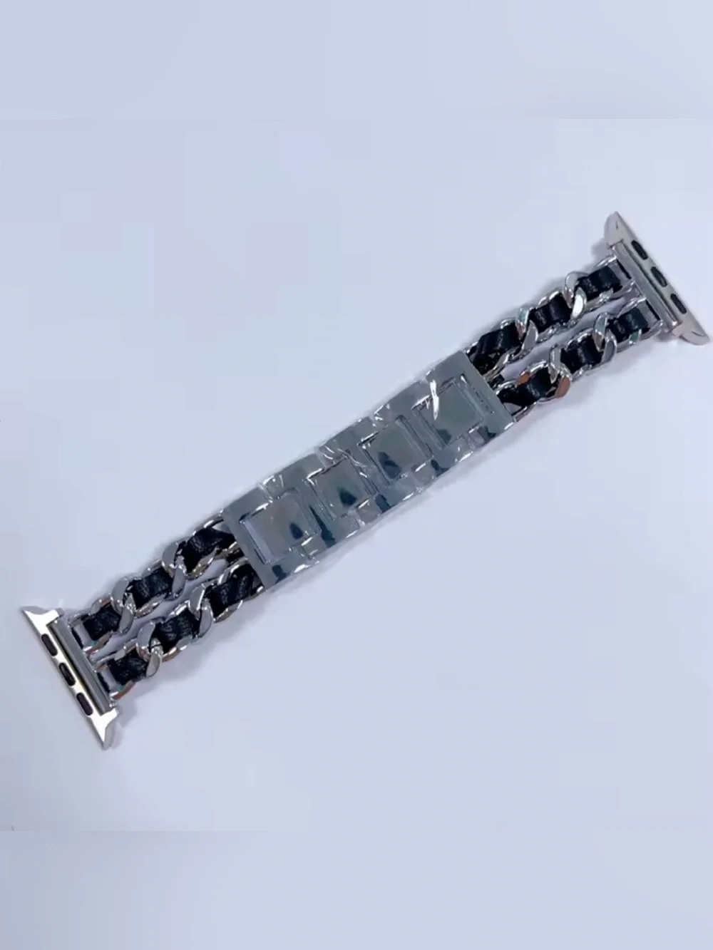 New Silver and Black Chain-Link Leather band for Apple Watch 38-49mm